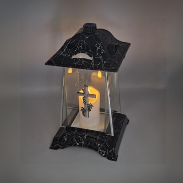 Свеча могильная, большая черная часовня, стеклянный фонарь, серебряный крест, 30 см.