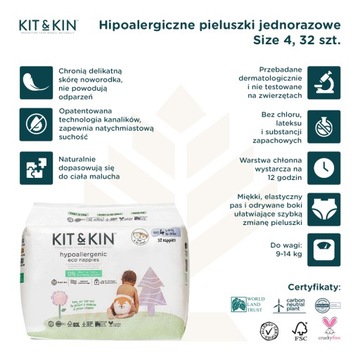 Eko Pieluchy Hipoalergiczne Kit & Kin, Rozmiar 4 (Maxi Plus 9-14kg), 32szt