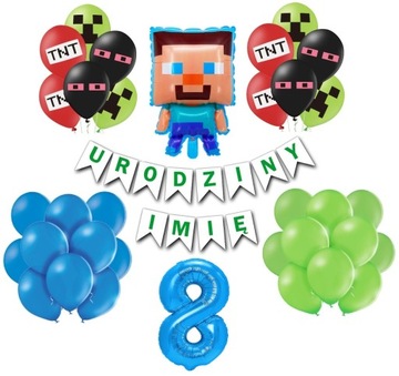Zestaw Balony Piksele Ósme 8 Urodziny + Imię