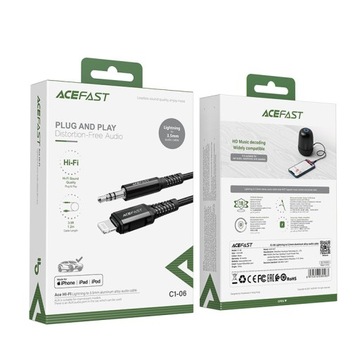 Аудиокабель Acefast MFI Lightning — мини-разъем 3,5 мм (штекер), 1,2 м, AUX черный