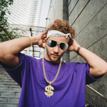 STRÓJ PRZEBRANIE LATA 90 GANGSTER ZŁOTY ŁAŃCUCH BRANSOLETA SYGNET OKULARY