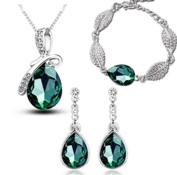 Komplet biżuterii cyrkonie zielone łezki Prezent Elegancki Stylowy Wizytowy