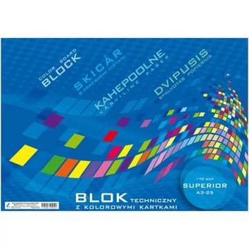 BLOK TECHNICZNY KOLOROWY SZKOLNY A3 25 ARKUSZY 170g/m2 BARWIONY W MASIE