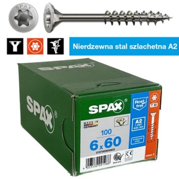 Wkręt Spax INOX nierdzewny A2 6,0x60 gwint niepełny op=100