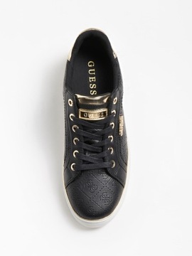 Guess buty damskie Beckie w kolorze czarnym ze złotą piętą tłoczone logo 40