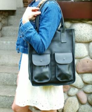 Черная кожаная сумка-шоппер, натуральная кожа