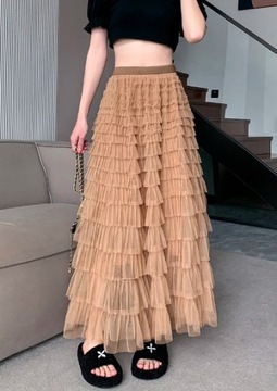 Синяя юбка-макси из тюля с рюшами, размер М.