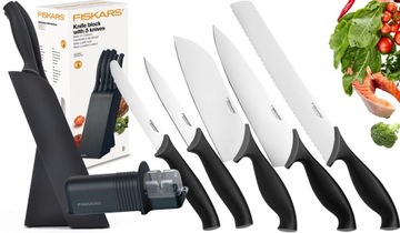 НАБОР ИЗ 5 КУХОННЫХ НОЖЕЙ FISKARS В ДЕРЕВЯННОМ БЛОЧКЕ ЗАТОЧКА