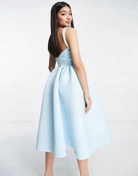 Asos Design NH2 esc niebieska rozkloszowana midi sukienka ramiączka S