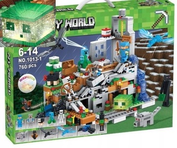 KLOCKI Minecraft GÓRSKA JASKINIA WIOSKA KOPALNIA 760ele 1x LED