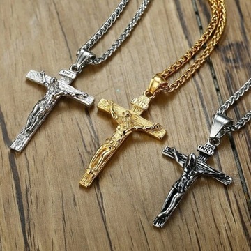 ЗОЛОТОЕ ОЖЕРЕЛЬЕ С КРЕСТОМ ИИСУСА, ЦЕПОЧКА ДЛЯ УШЕЙ, СТАЛЬ