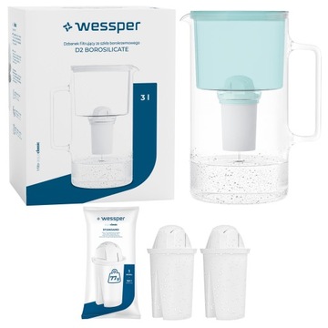 Dzbanek filtrujący szklany Wessper 3l Miętowy + 3x Filtr aquaclassic 77g