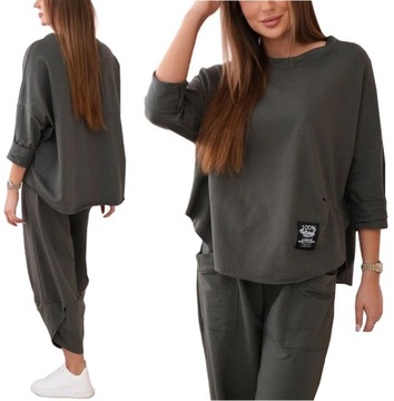 ELEGANCKI WŁOSKI KOMPLET BAWEŁNIANY BLUZA SPODNIE DRESOWY OVERSIZE S