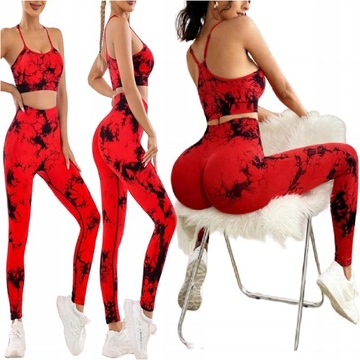 LEGGINSY DAMSKIE CZERWONE PUSH UP KOMPLET Stanik Leginsy Top WYSOKI STAN M