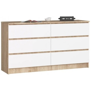 Komoda dąb sonoma do salonu 140 6 szuflad biała