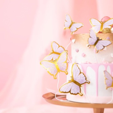 BUTTERFLIES Бабочки из бумаги ДЛЯ ТОРТА, ВЫРЕЗАННЫЕ ФИОЛЕТОВЫЕ, ЗОЛОТЫЕ, блестящие, 10 шт.