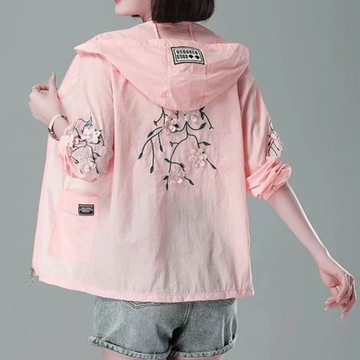 Embroidery Print Hooded Thin Coat Spring Summer Ov
