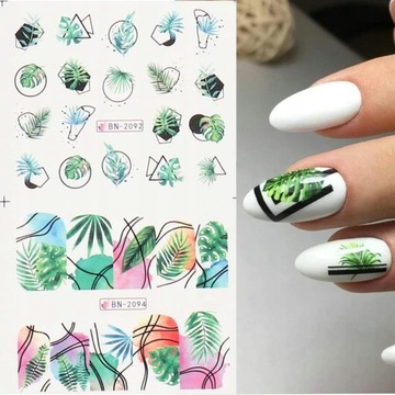 ВОДНЫЕ НАКЛЕЙКИ для украшения ногтей, лист из 12 рисунков, украшения из летних листьев