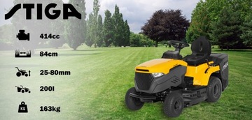 МОЩНЫЙ САДОВЫЙ ТРАКТОР STIGA ST400 414CC 84 СМ ГИБРИДНЫЙ ПРИЦЕП С КОРЗИНОЙ