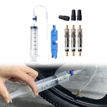 Ремонт велосипеда с помощью герметика для бескамерных шин с помощью простого инструмента.