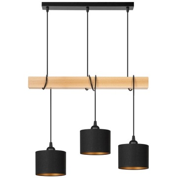 Lampa wisząca BELKA DREWNIANA buk 3x mini ABAŻUR czarny złoty