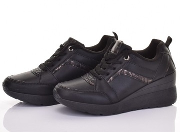 MODNE SPORTOWE BUTY DAMSKIE NA KOTURNIE SNEAKERSY CZARNE