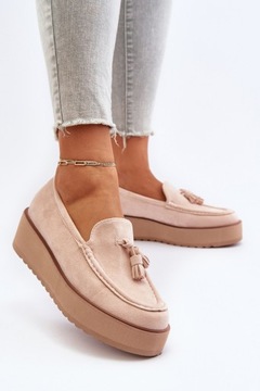 MOKASYNY DAMSKIE NA PLATFORMIE Z FRĘDZLAMI JASNOBEŻOWE 36