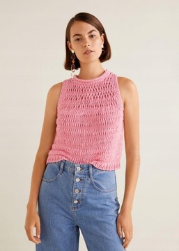 MANGO Biały ażurowy crop TOP prążek koszulka bluzka letnia BIEL krem XS