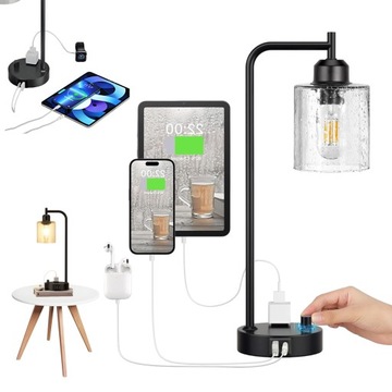LAMPKA NOCNA LAMPA STOŁOWA BIURKOWA KLOSZ NA E27 ŚCIEMNIANIE Z PORTEM USB