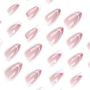 PAZNOKCIE SZTUCZNE TIPSY ALMOND BROKATOWY FRENCH RÓŻOWY SAMOPRZYLEPNE 24SZT