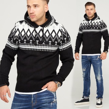 Sweter Męski Norweski Bluza Kaptur Gruby Ciepły