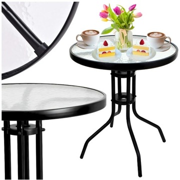 STOLIK KAWOWY OKRĄGŁY STÓŁ OGRODOWY NA BALKON TARAS SZKŁO HARTOWANE CZARNY