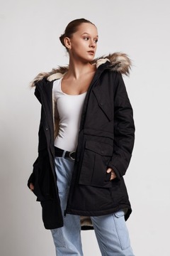 ЧЕРНАЯ УТЕПЛЕННАЯ ПАРКА, КАПЮШОН, МЕХ ТЕДДИ 4PH MLF__L / 40