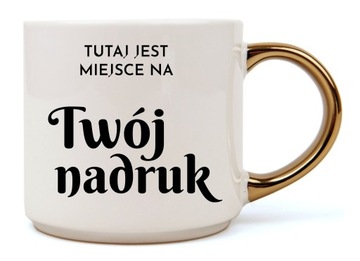 Duży kubek biały 400 ml uchwyt złoty z dowolną grafiką logo tekstem