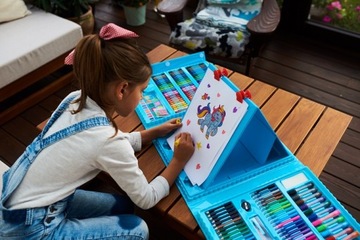 Набор цветных карандашей для рисования + синий чемодан, 208 предметов размера XXL