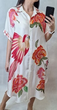Tunika sukienka papuga parrot wiskoza jedwabna S M L XL XXL czerwona biała