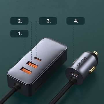 BASEUS SZYBKA ŁADOWARKA SAMOCHODOWA 4X USB QC 4.0 PD 120W MOCNY ZASILACZ
