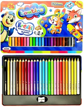 26 kredek BAMBINO metalowe pudełko temperówka duże