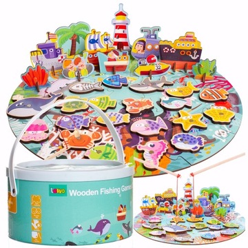 GRA ŁOWIENIE RYBEK RYBKI DREWNIANE WIADERKO PUZZLE