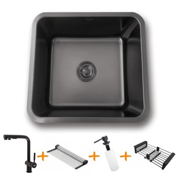 Mini czarny zlewozmywak z baterią stalowy podwieszany 50 cm Nett NB-4643