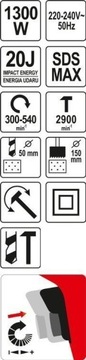 РОТОРНЫЙ УДАРНЫЙ МОЛОТОК YATO SDS MAX 20J 1300W ДЛЯ КОВОЧНОГО СВЕРЛЕНИЯ YT-82131