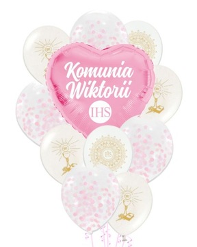Balony zestaw różowy KOMUNIA + IMIĘ personal