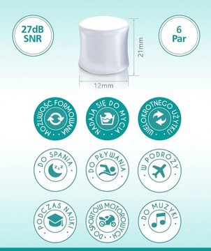 6x СИЛИКОНОВЫЕ ЗАГЛУШКИ ДЛЯ УШЕЙ 27 дБ МНОГОРАЗОВЫЕ ШУМОПОДАВЛЕНИЕ ВО ВРЕМЯ СНА