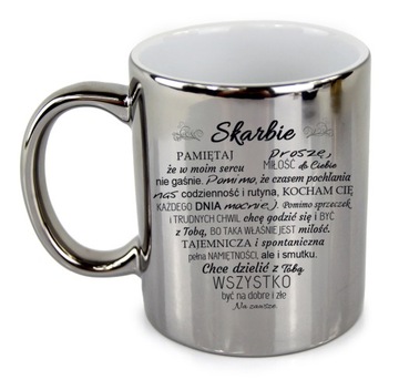 SREBRNY KUBEK Z TWOIM WŁASNYM DOWOLNYM NADRUKIEM NAPISEM LOGO GRAFIKĄ 330ml