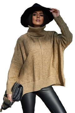 Me Gusta sweter z golfem i przeszyciem oversize beżowy