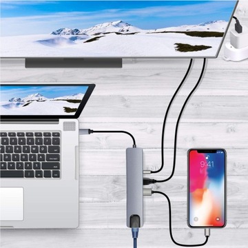 АДАПТЕР-ХАБ 8-в-1 Порт дисплея USB-C 4K/SD/TF RJ45