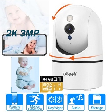 KAMERA IP SMART OBROTOWA WEWNĘTRZNA 2K 3MPX FULL HD 24/7 DO MONITORINGU 64G