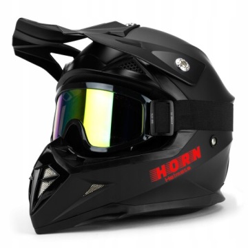 JUNIOR KASK MOTOCYKLOWY CROSS HORN MAT RED QUAD POD INTERKOM + GOGLE M