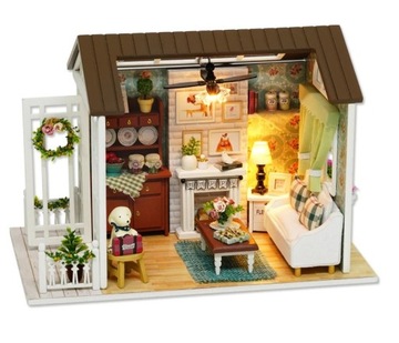 Domek dla lalek drewniany salon meble diorama do złożenia