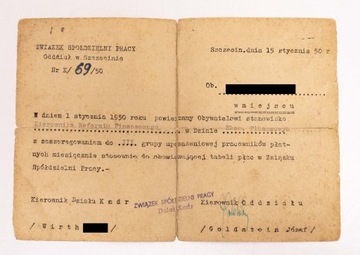 DOKUMENT - ZWIĄZEK SPÓŁDZIELNI PRACY SZCZECIN 1950